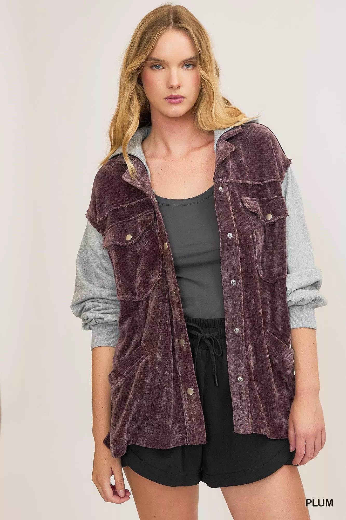 Umgee Contrast Hooded Chenille Jacket