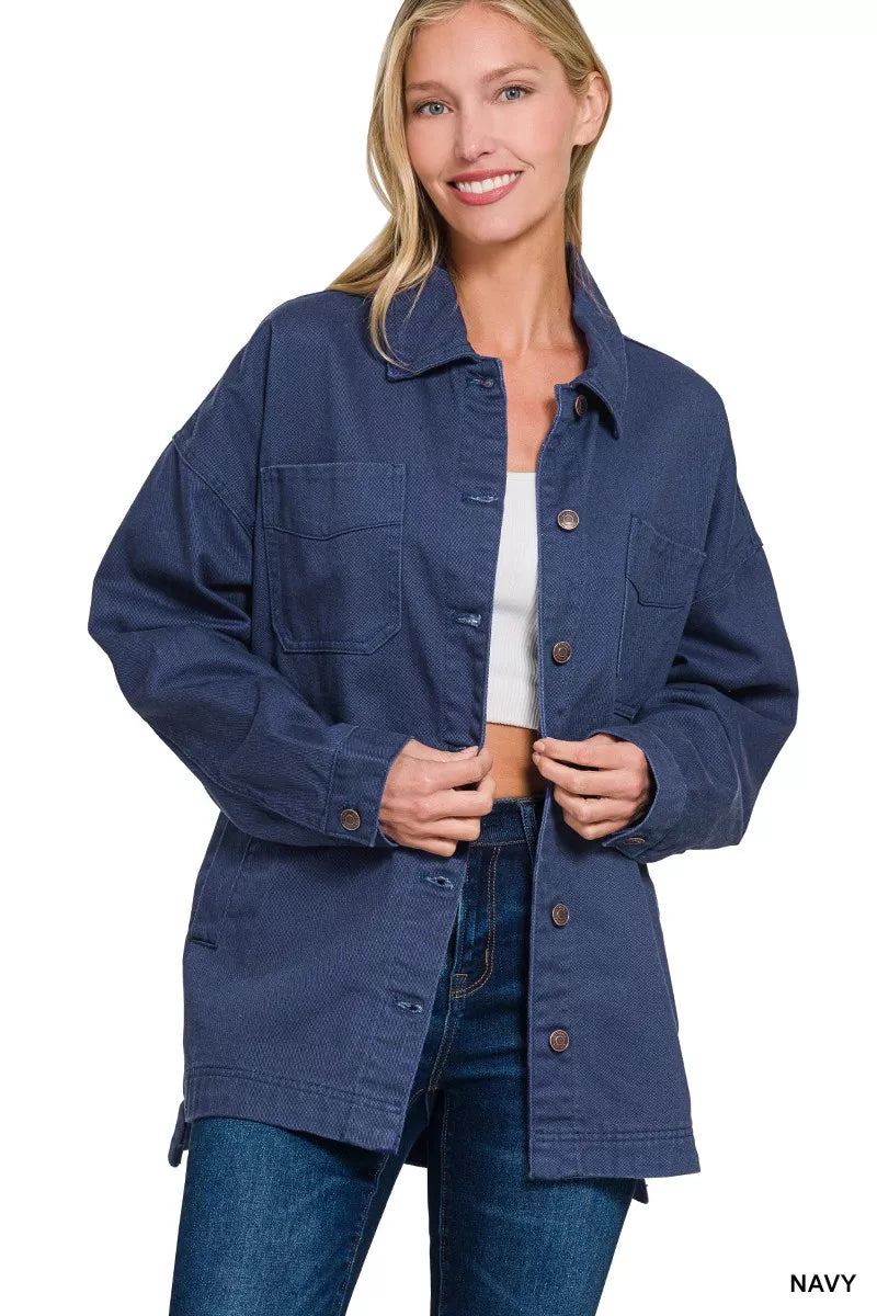 Zenana Oversized Collared Neck Button Front Shackets