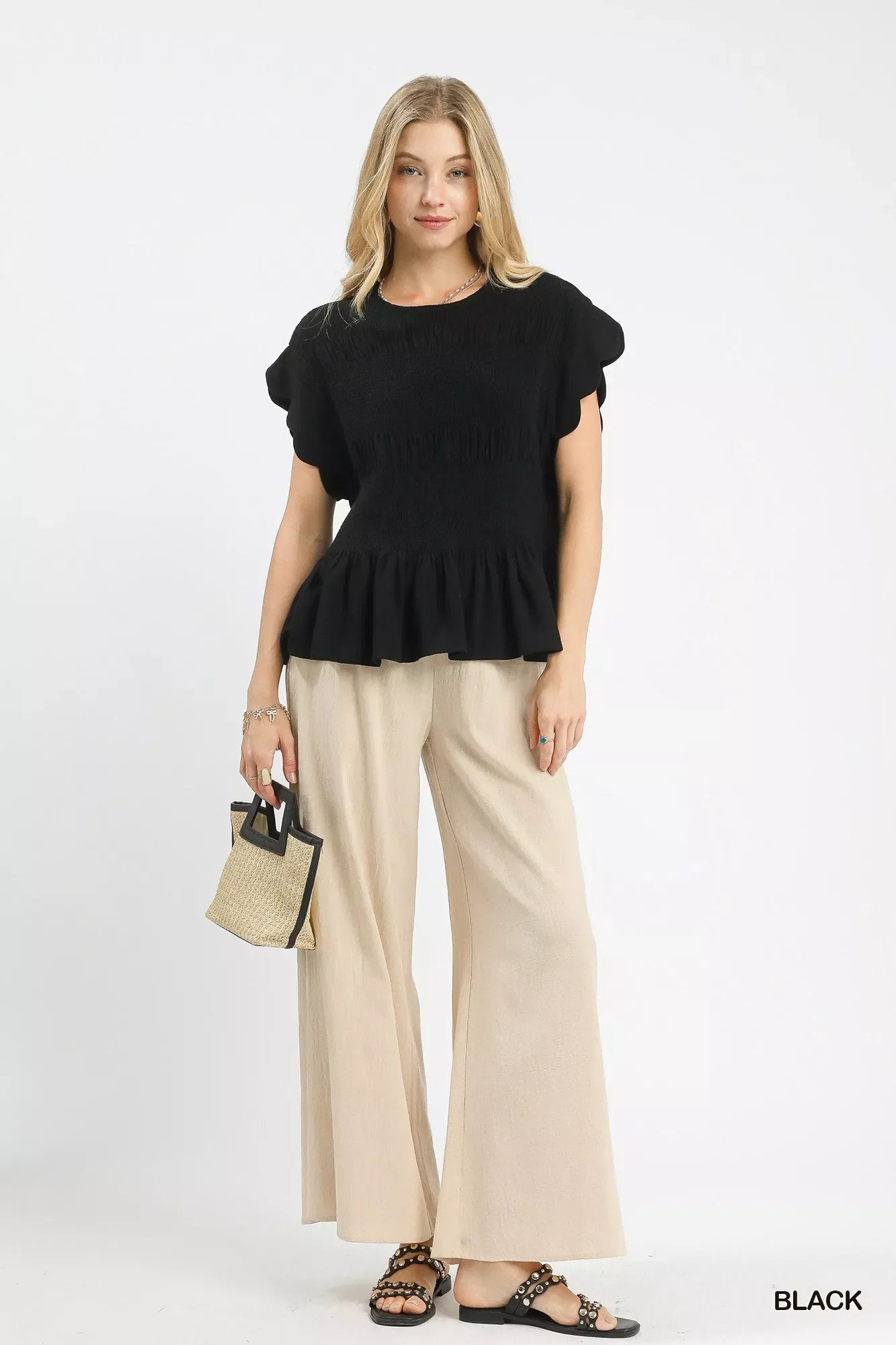 Umgee Linen Blend Smocked Peplum Blouse