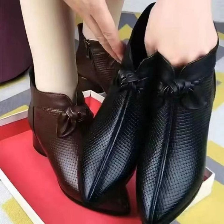 Women's Pointed Toe Chunky Heel Ankle Boots with Side Zipper & Bow Detail