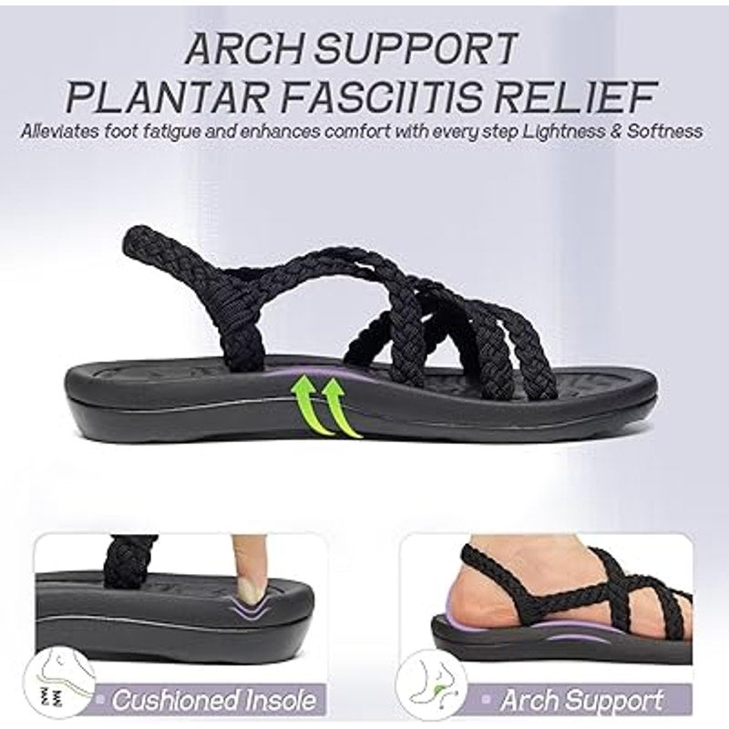 New Megnya Womens 7.5 Black Braided Strap Open Toe Slide On Cushioned Sandals