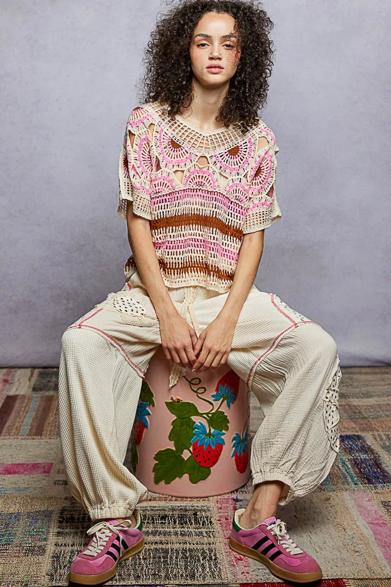 Weave Pattern Short Sleeve Crochet Top with Border Accents