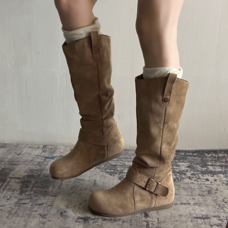 Women's Vintage Denim Lace-Up Long Boots – Mid Heel Round Toe All-Season Boots
