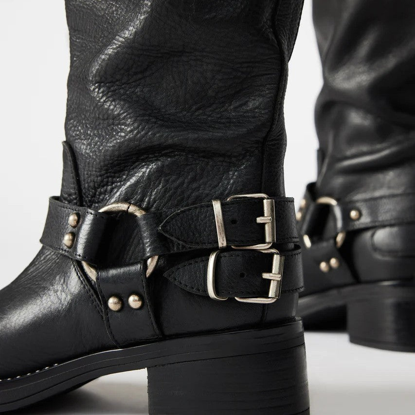 Women's Round Toe Buckle High-Top Boots – Chunky Heel Mid-Calf PU Leather Boots