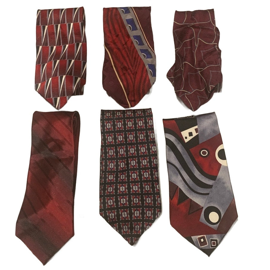Lot of 6 Wine Red Silver Striped Geometric Vintage and Newer Mens Neck Ties