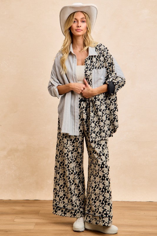BiBi Stripes Jacquard Floral Mix And Match Shirt Top