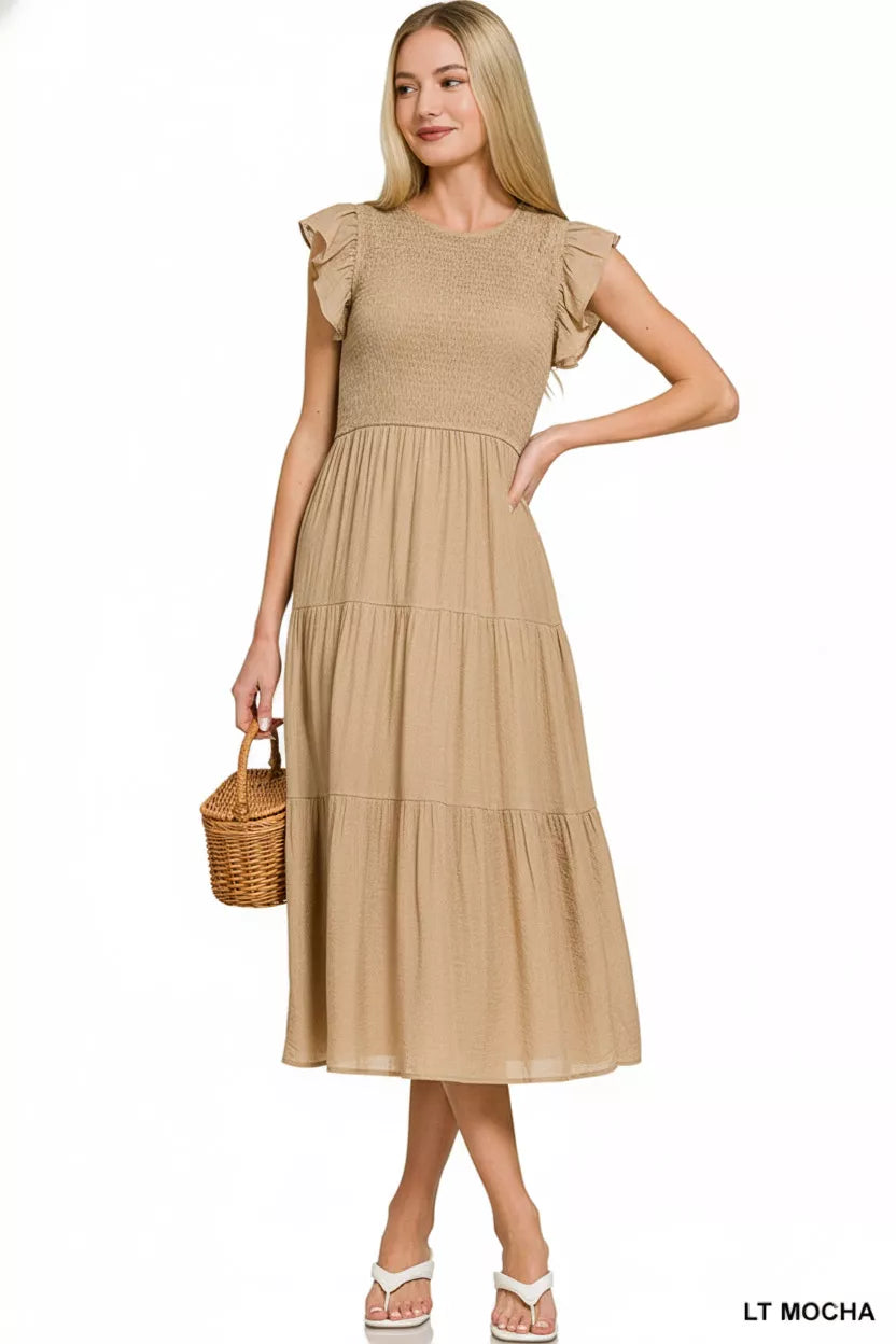 Zenana Woven Smocked Ruffle Sleeve Midi Dress