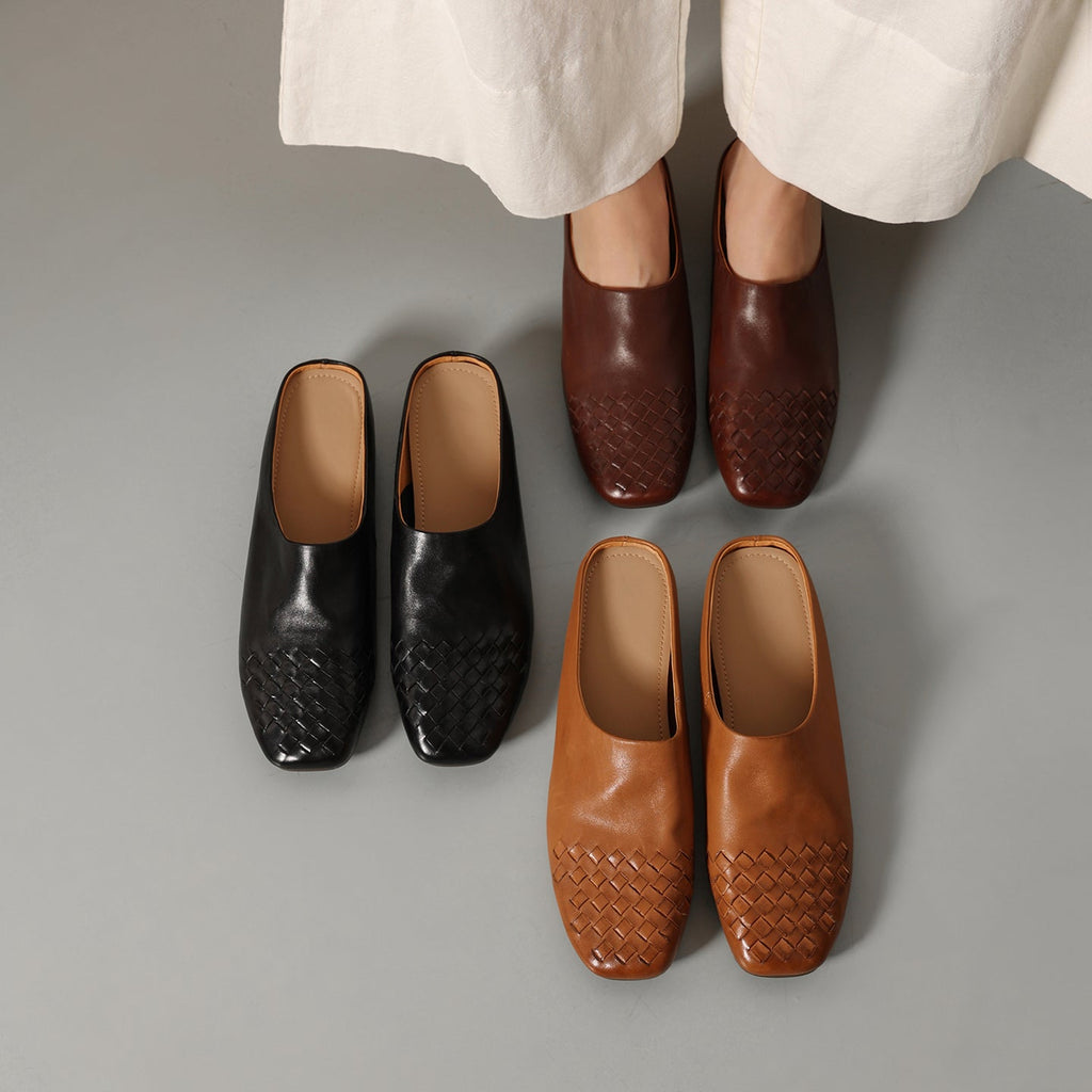 Women's Hand-Woven Full Grain Leather Mules | Square Toe Slip-On Backless Loafers
