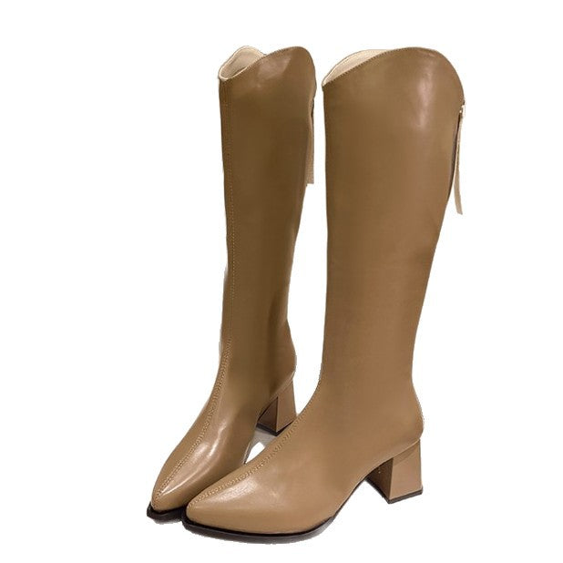 Women's Chunky Heel Pointed Toe Mid-Calf Boots - Fashion Winter Boots with Back Zipper