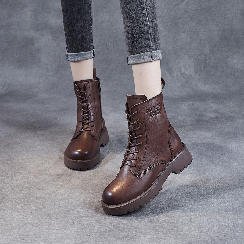 Women's Genuine Leather Chunky Heel Ankle Boots | Fleece-Lined Side Zipper | British Style