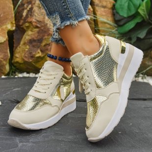 Women's Wedge Sole Height Increasing Casual Sneakers | Gold & Silver Platform Shoes