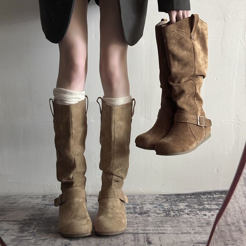 Women's Vintage Denim Lace-Up Long Boots – Mid Heel Round Toe All-Season Boots