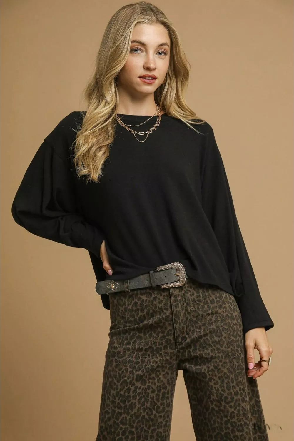 Umgee Brushed Fleeve Crewneck Top