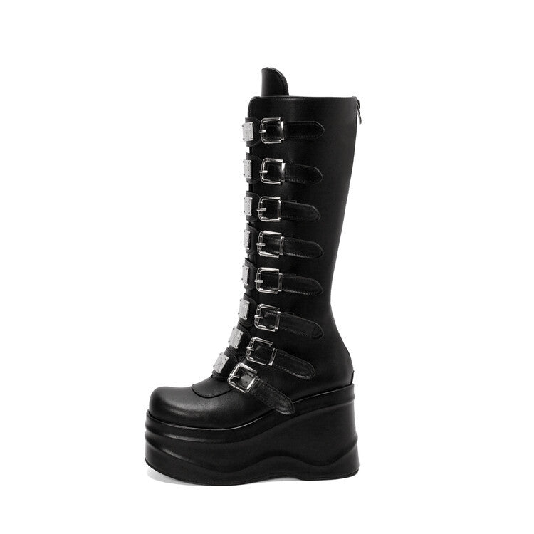 Women's Round-Toe Chunky Heel Back-Zip Ultra High Heel Boots | Black PU & Patent Leather