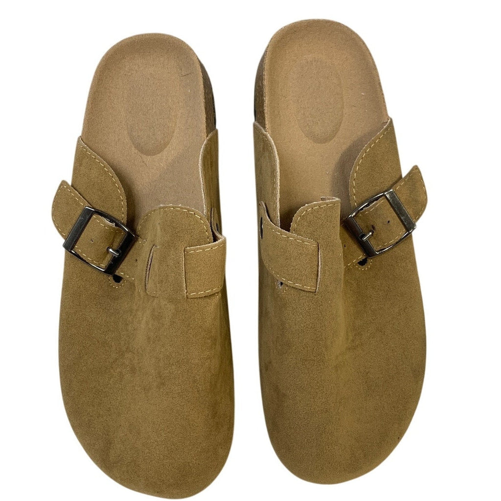 Womens Size 8 Brown Suede Clogs Closed Round Toe Buckle Strap Slip On Shoes
