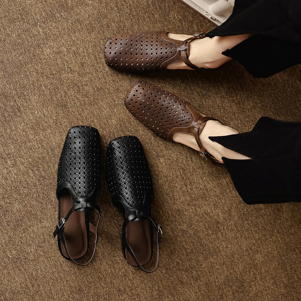 Women's Perforated Leather Slingback Sandals | T-Strap Closed-Toe Flat Shoes