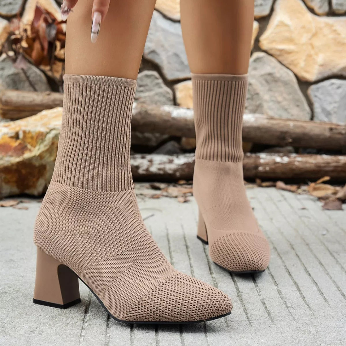 Women's Point Toe Knit Sock Boots | Block Heel Stretch Boots