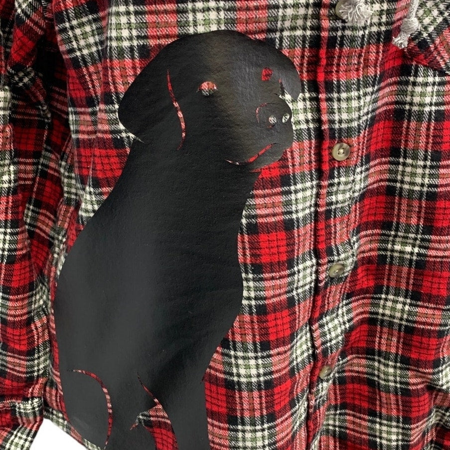 New Hand Printed Womens Small Black Lab Dog Long Sleeve Plaid Flannel Hoodie