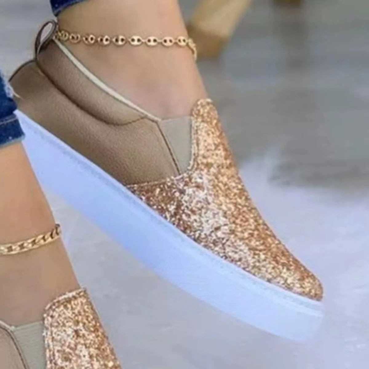 Women's Sequin Platform Slip-On Flats | Sparkle Round Toe Shoes
