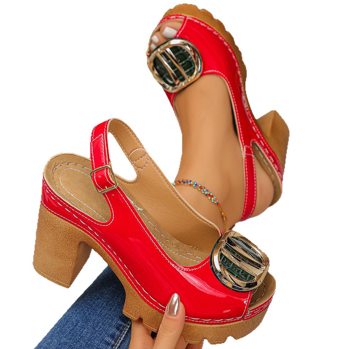 Women's Chunky Heel Peep-Toe Sandals | Buckle PU Summer Heels