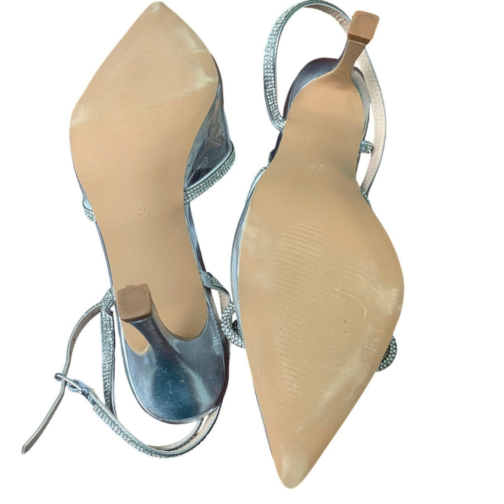 Ainrock Womens Size 8.5 SIlver Rhinestone Clear Strap Bow Wedding 3.5" Heels