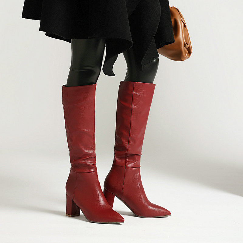 Women's Fleece-Lined Chunky Heel Mid-Calf Boots | Pointed Toe Slip-On Winter Boots