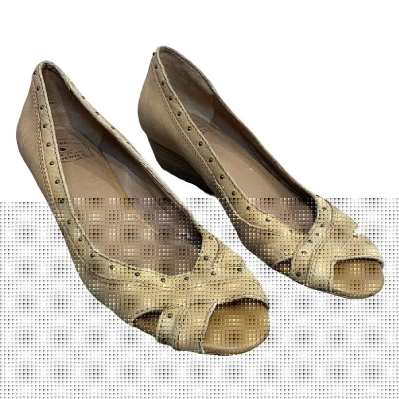 Lucky Brand Size 9.5 Leather Upper Tan Peep Toe Wedge Heel Slip On Shoes