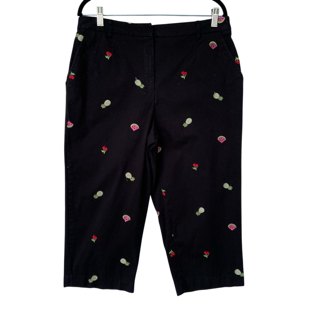 JM Collection Womens Size 16 Black Embroidered Fruit Stretch Cotton Capri Pants