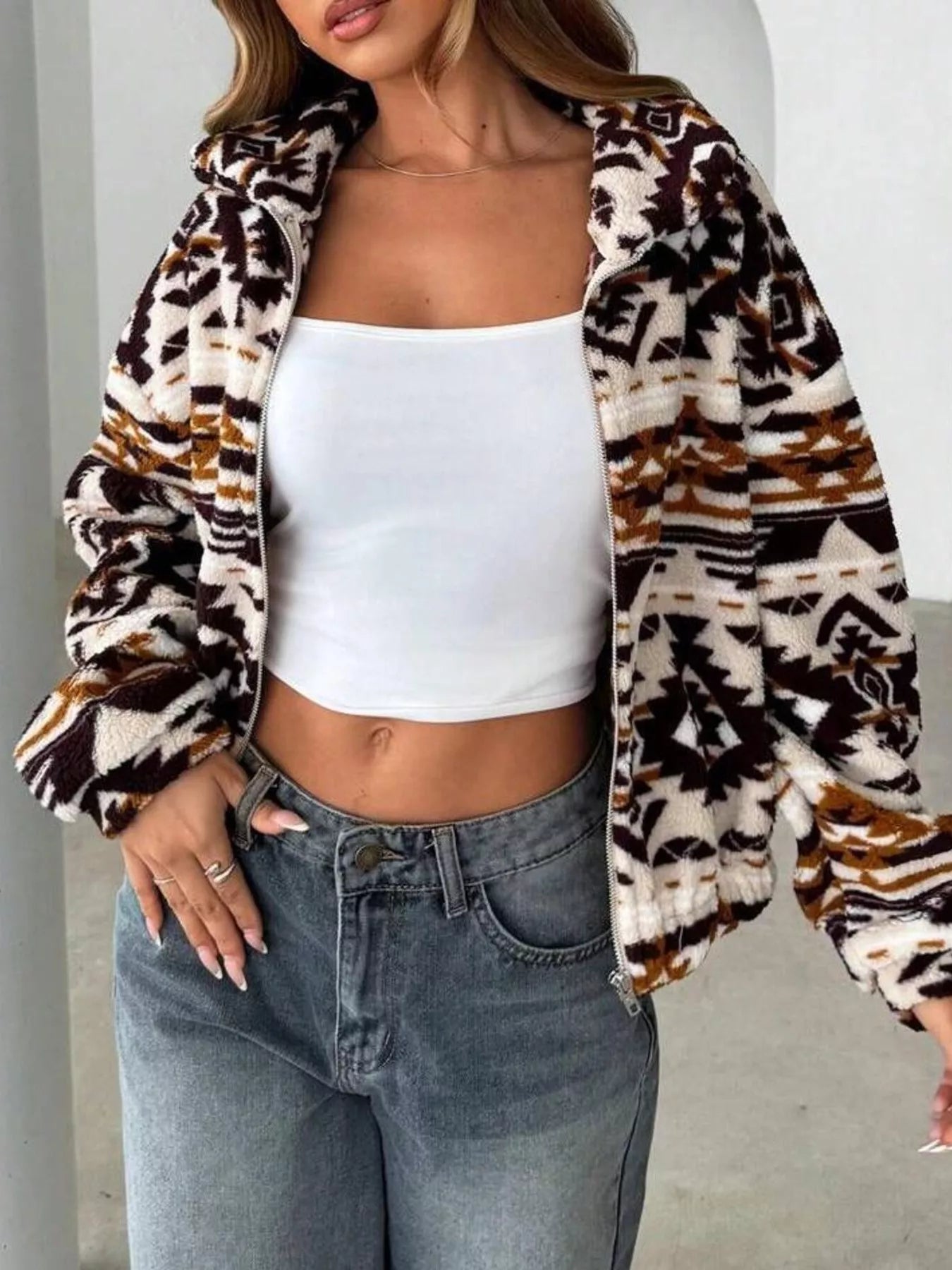 Geometric Fleece Zip-Up Jacket