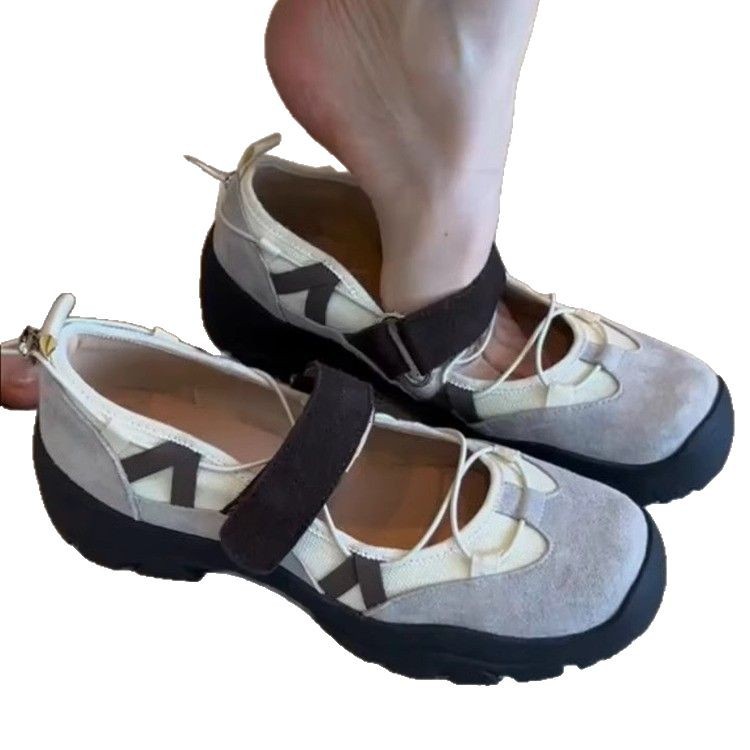 Women's Vintage Leather Mary Jane Shoes | Velcro Strap Thick Sole Low-Top