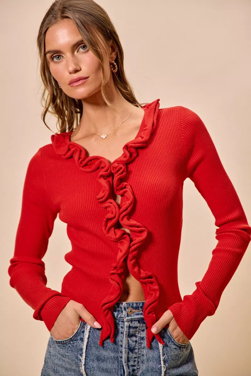 SO ME Cascade Ruffle Ribbed Sweater Cardgian