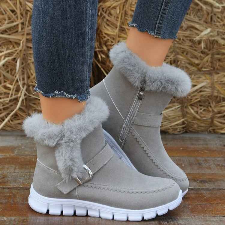 Women's Winter Snow Boots - Warm Plush Ankle Boots with Buckle Design