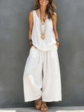 Womens Solid-Colored Casual Sleeveless Tank Top And Wide-Leg Pants Cotton-Linen Set