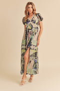 Aemi + Co Lace Detail Slit Geometric Print Short Sleeve Maxi Dress