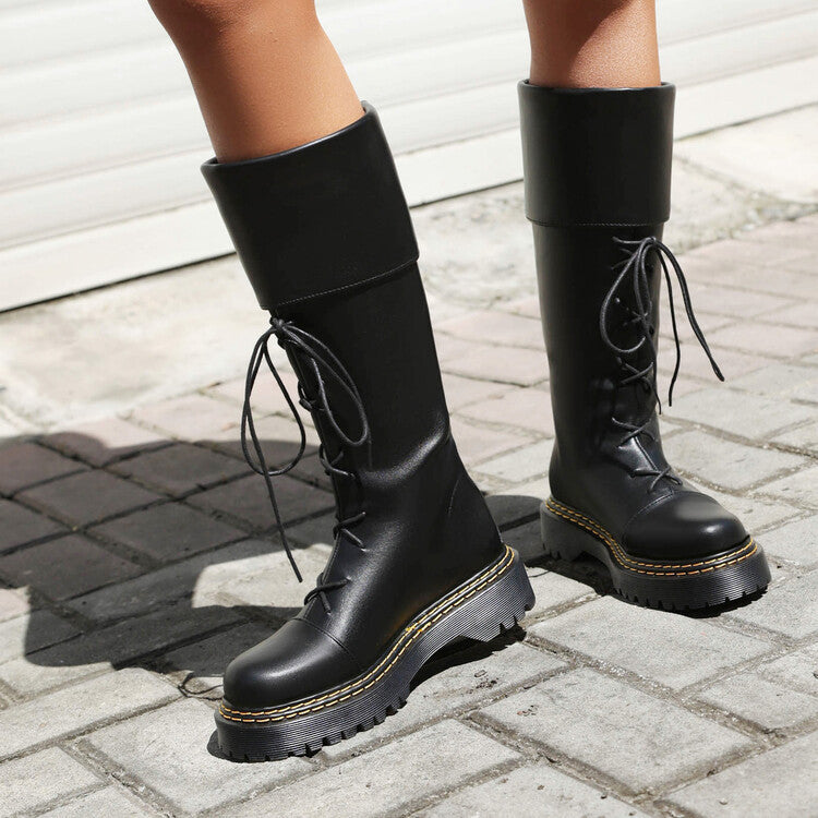Women's High-Heeled Lace-Up Thigh-High Boots | Chunky Heel Round Toe PU Leather