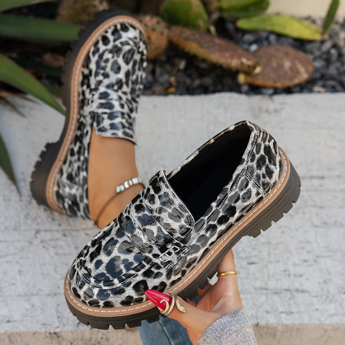 Women's Leopard Print Loafers - Chunky Heel Patent Leather Slip-On Shoes