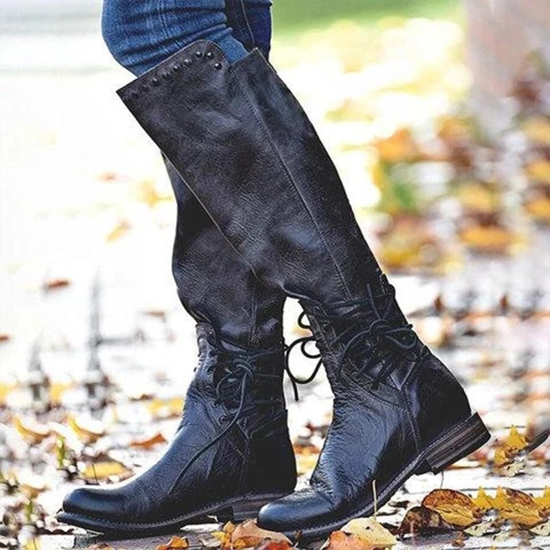 Women's Lace-Up Leather Boots | Round Toe Chunky Heel High Shaft | Black & Brown