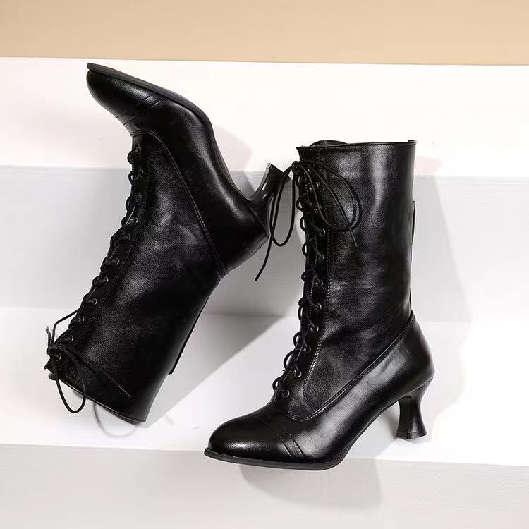 Women's Lace-Up Mid-Calf Boots - Stylish Low Heel Boots with Round Toe