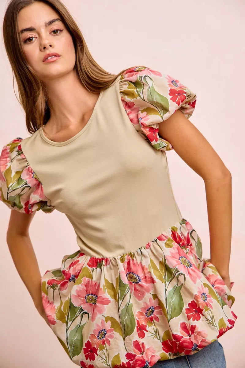 BiBi Floral Printed Bubble Sleeves and Hem Peplum Top