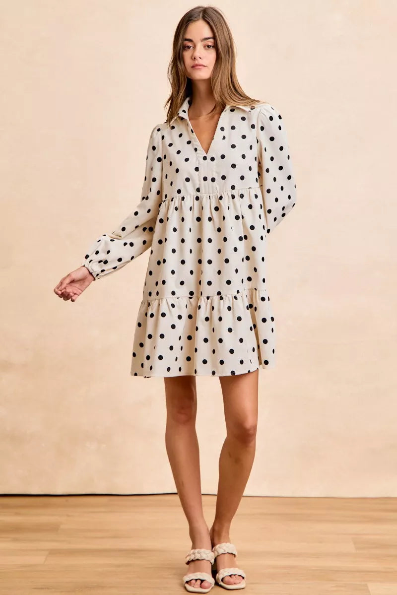 BiBi Polka Dot Corduroy Collared V Neck Dress
