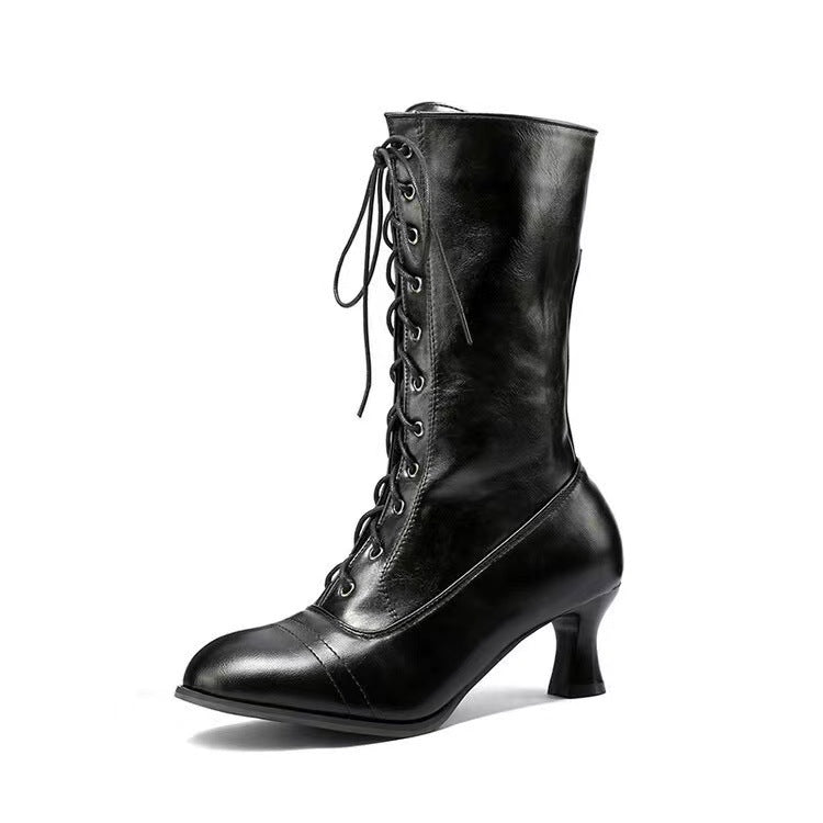 Women's Lace-Up Mid-Calf Boots - Stylish Low Heel Boots with Round Toe