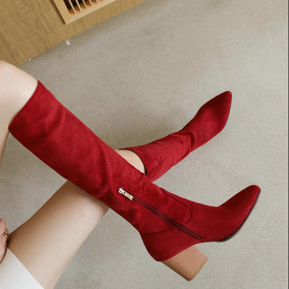 Women's Suede High-Top Boots – Chunky Heel, Pointed Toe, Side Zipper | Sarah Express