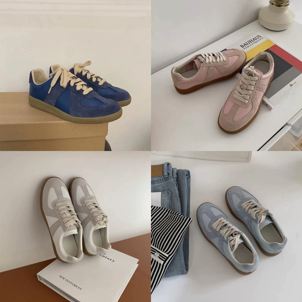 Women's Korean Retro Patchwork Lace-Up Flat Shoes - Round Toe Casual Leather Flats