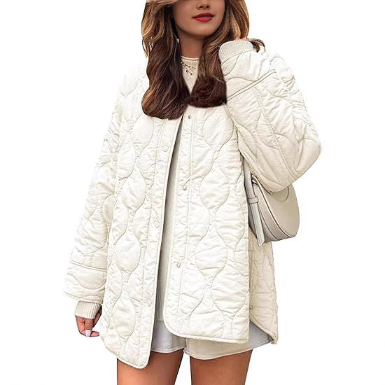 European And American Style Chic String Decoration Simple Solid Color Round Neck Loose Cotton Coat