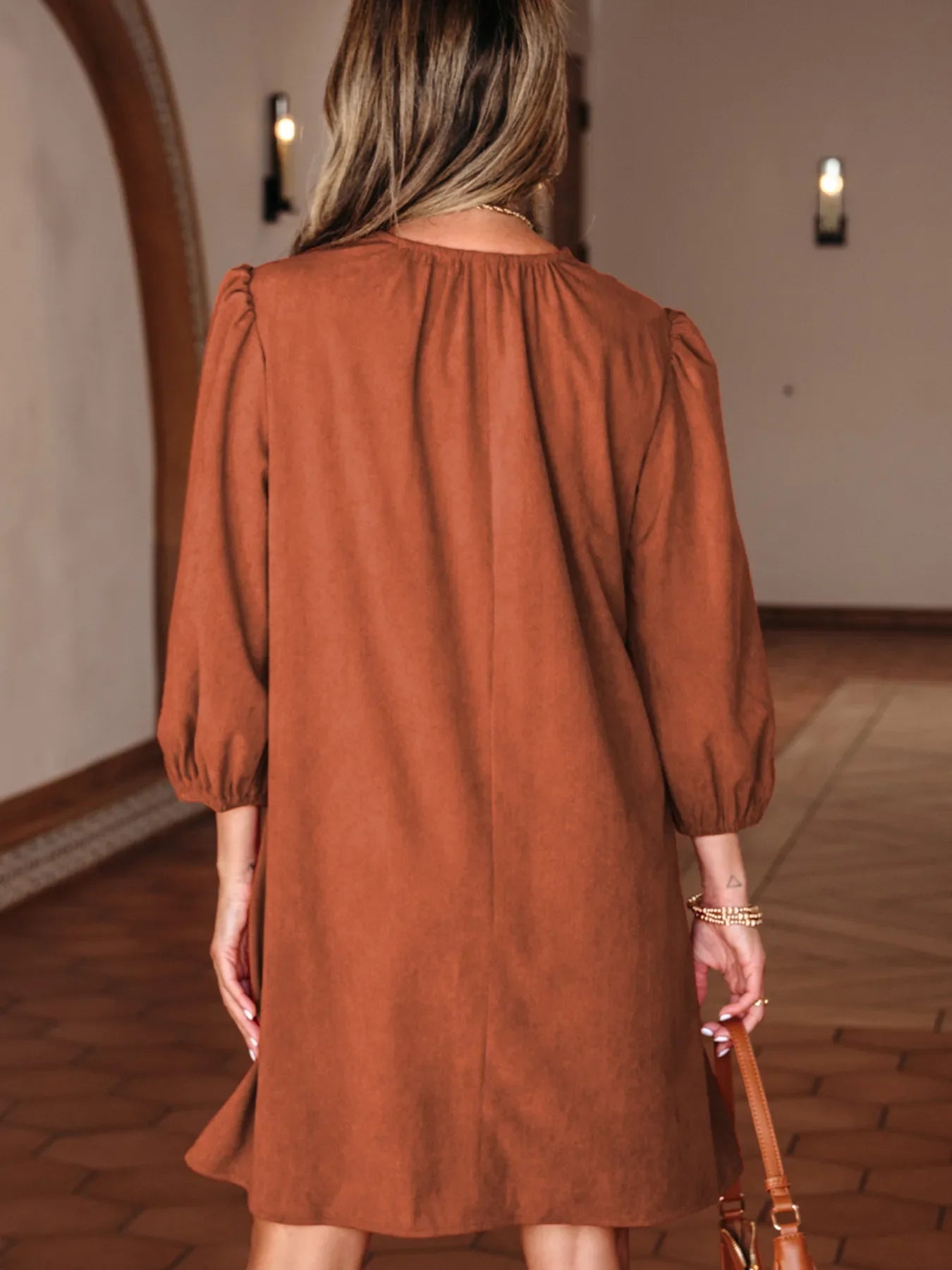 Split Neck Scallop Detail Corduroy Mini Dress