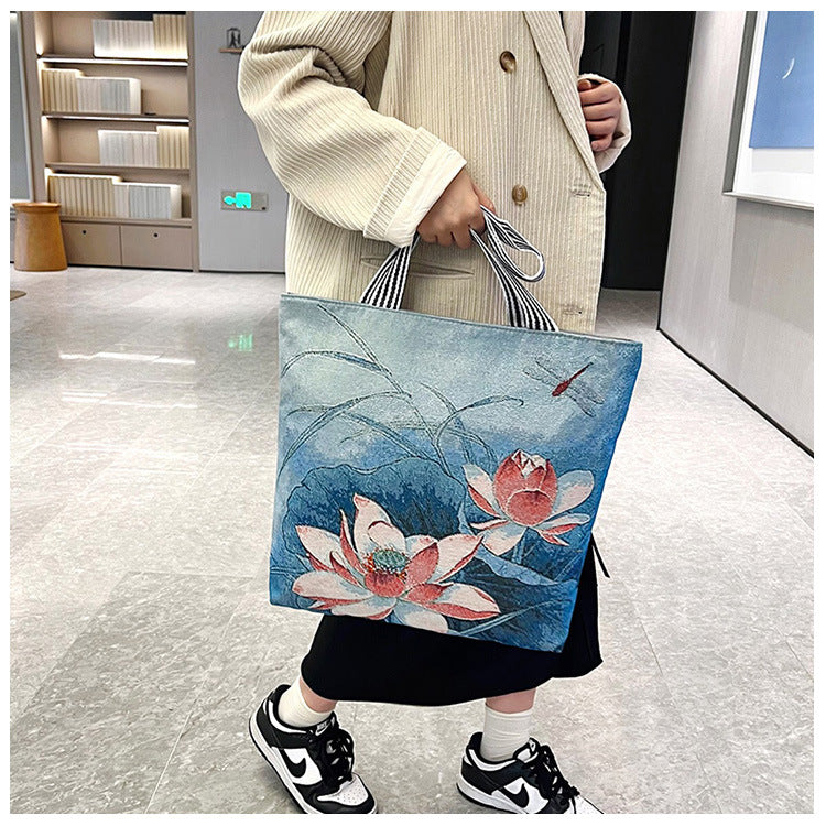 Gold-thread Canvas Crossbody Bag – Blue Floral | Stylish Everyday Shoulder Bag