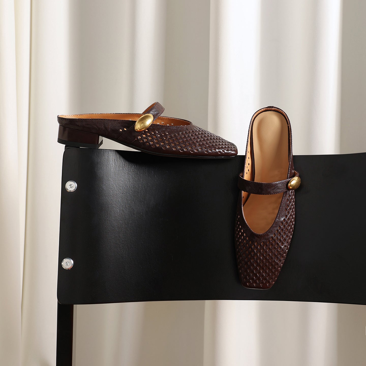 Women's Sheepskin Mary Jane Mules | Perforated Square Toe Low Block Heel Slides
