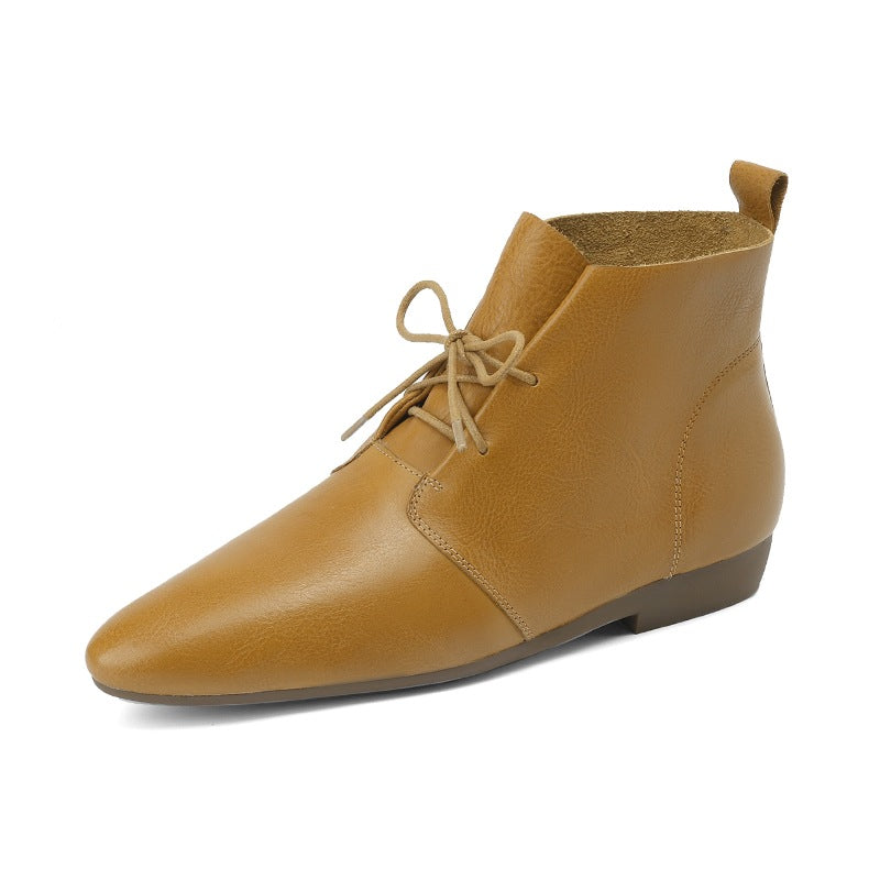 Women's Vintage Round Toe Ankle Boots - Genuine Leather Slip-On Chunky Heel Winter Boots