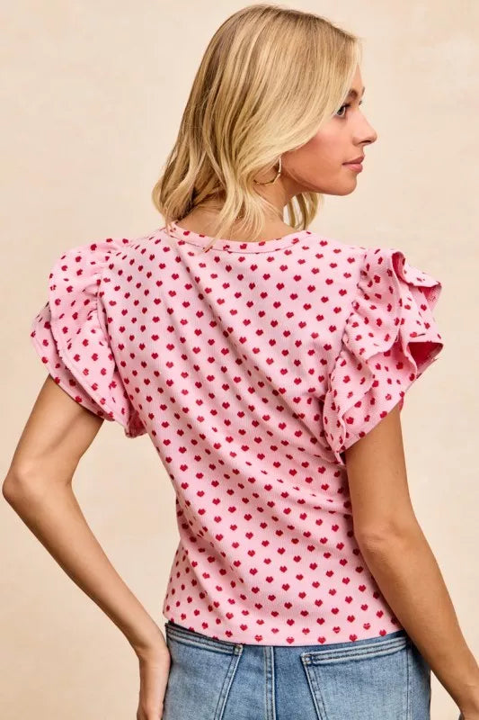 BiBi Heart Patterned Knit Ruffled Sleeves Top