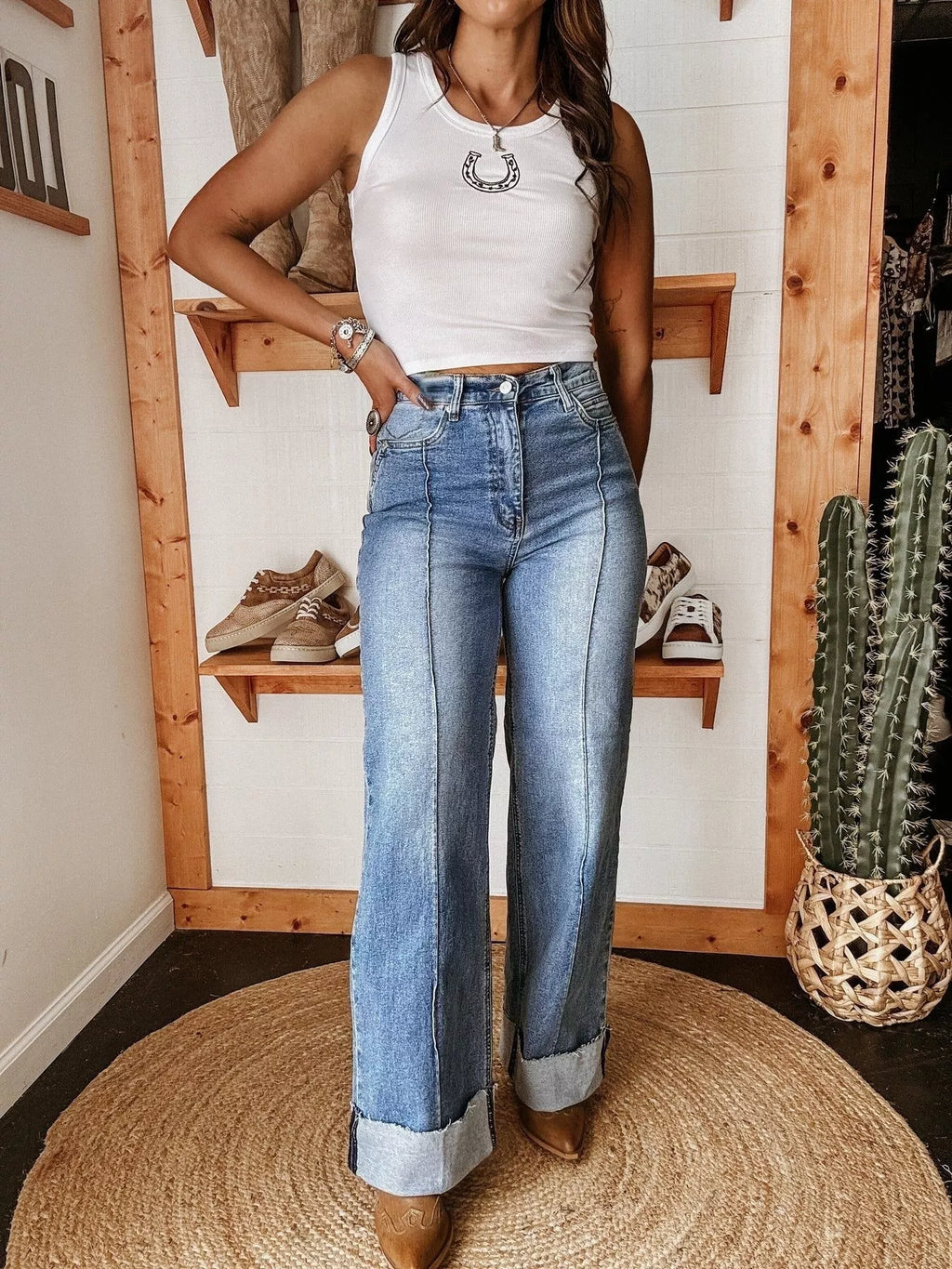 High-Waisted Wide Leg Cuffed Jeans